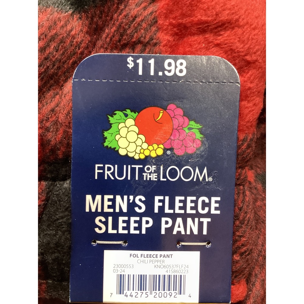 Fruit of the Loom Mens Fleece Sleep Pant Red Black Buffalo Plaid Pajamas NWT